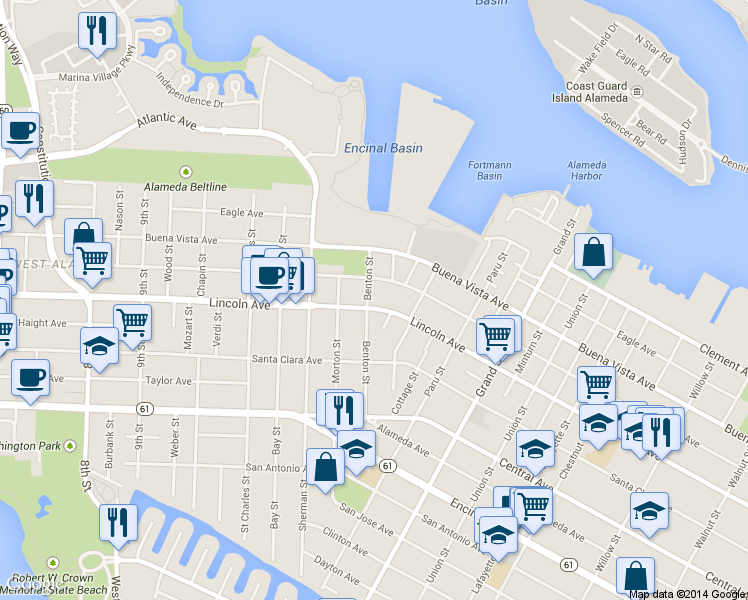 map of restaurants, bars, coffee shops, grocery stores, and more near 1500 Lincoln Avenue in Alameda