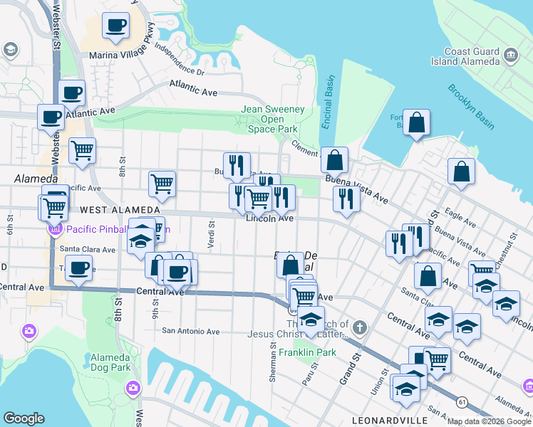 map of restaurants, bars, coffee shops, grocery stores, and more near 1557 Sherman Street in Alameda