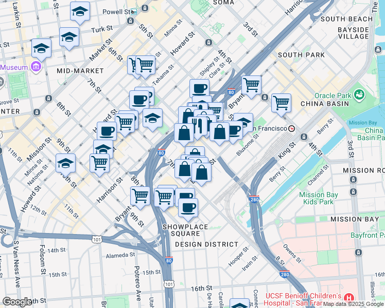 map of restaurants, bars, coffee shops, grocery stores, and more near 40 Boardman Place in San Francisco