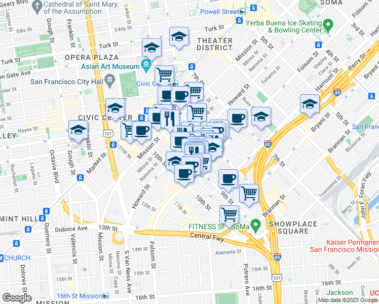map of restaurants, bars, coffee shops, grocery stores, and more near 784 Clementina Street in San Francisco