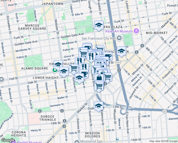 map of restaurants, bars, coffee shops, grocery stores, and more near 190 Lily Street in San Francisco