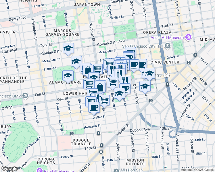 map of restaurants, bars, coffee shops, grocery stores, and more near 518 Oak Street in San Francisco