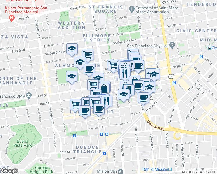map of restaurants, bars, coffee shops, grocery stores, and more near 518 Oak Street in San Francisco