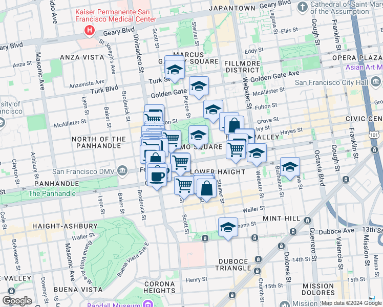 map of restaurants, bars, coffee shops, grocery stores, and more near 1004 Fell Street in San Francisco
