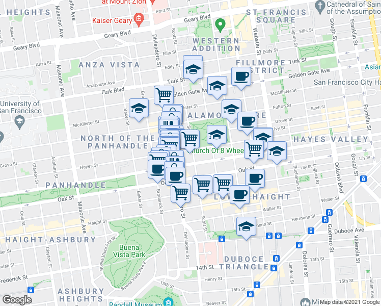 map of restaurants, bars, coffee shops, grocery stores, and more near 503 Scott Street in San Francisco