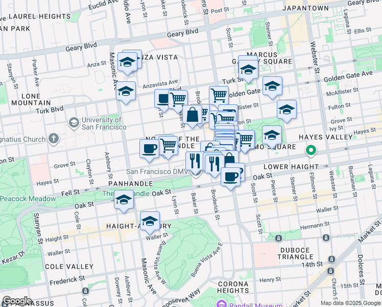 map of restaurants, bars, coffee shops, grocery stores, and more near 1469 Hayes Street in San Francisco