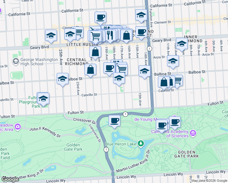 map of restaurants, bars, coffee shops, grocery stores, and more near 714 18th Avenue in San Francisco