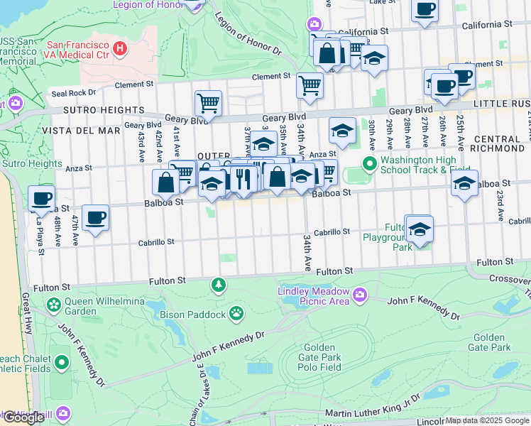 map of restaurants, bars, coffee shops, grocery stores, and more near 770 36th Avenue in San Francisco