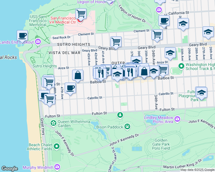 map of restaurants, bars, coffee shops, grocery stores, and more near 755 40th Avenue in San Francisco