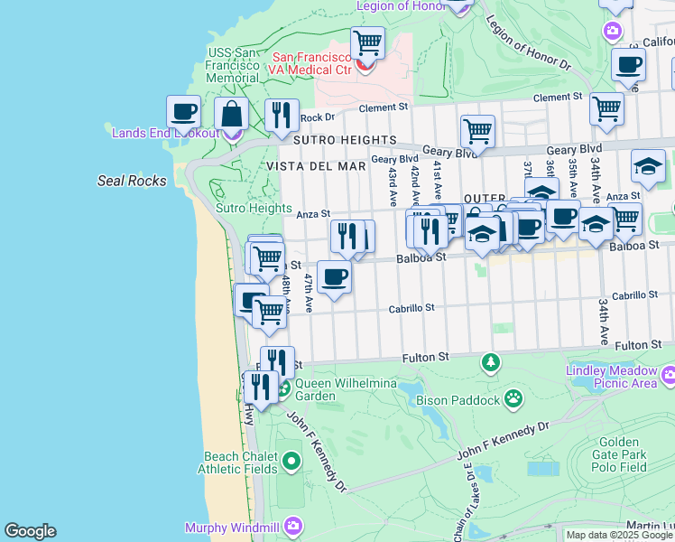 map of restaurants, bars, coffee shops, grocery stores, and more near 736 46th Avenue in San Francisco