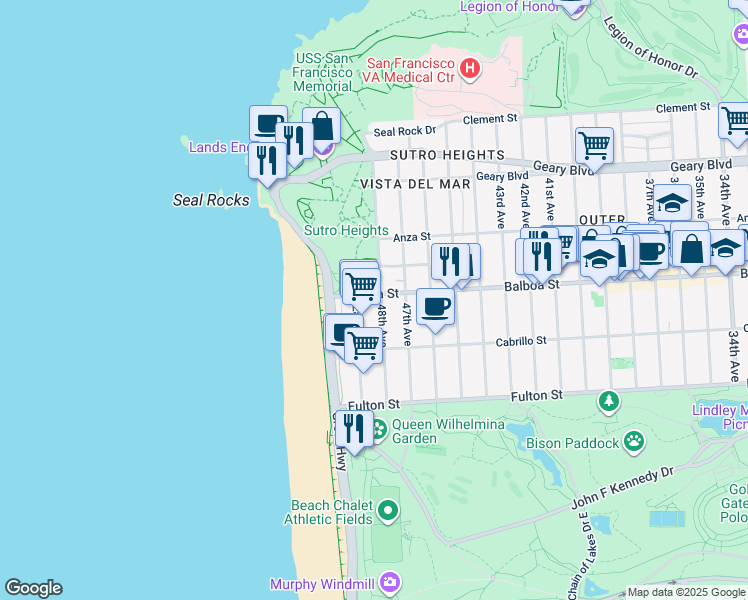 map of restaurants, bars, coffee shops, grocery stores, and more near 735 48th Avenue in San Francisco