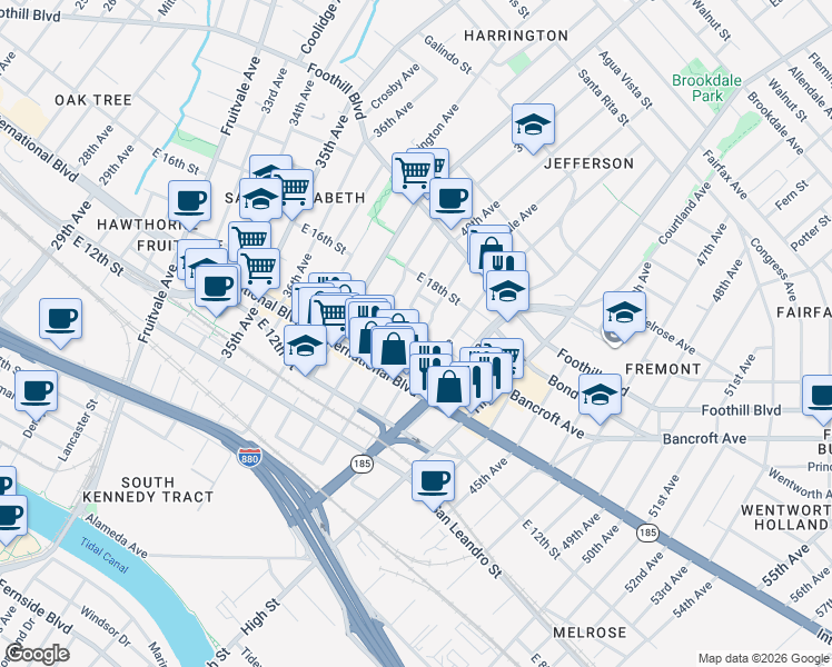 map of restaurants, bars, coffee shops, grocery stores, and more near 1530 40th Avenue in Oakland