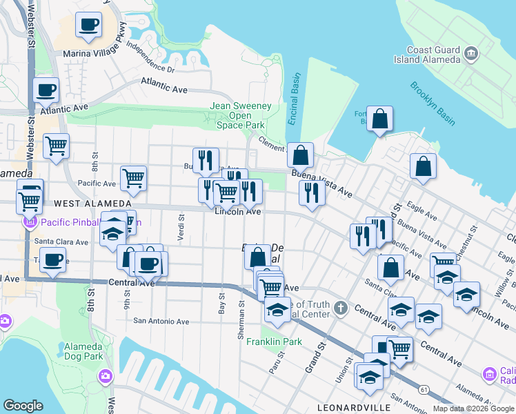 map of restaurants, bars, coffee shops, grocery stores, and more near 1315 Lincoln Avenue in Alameda