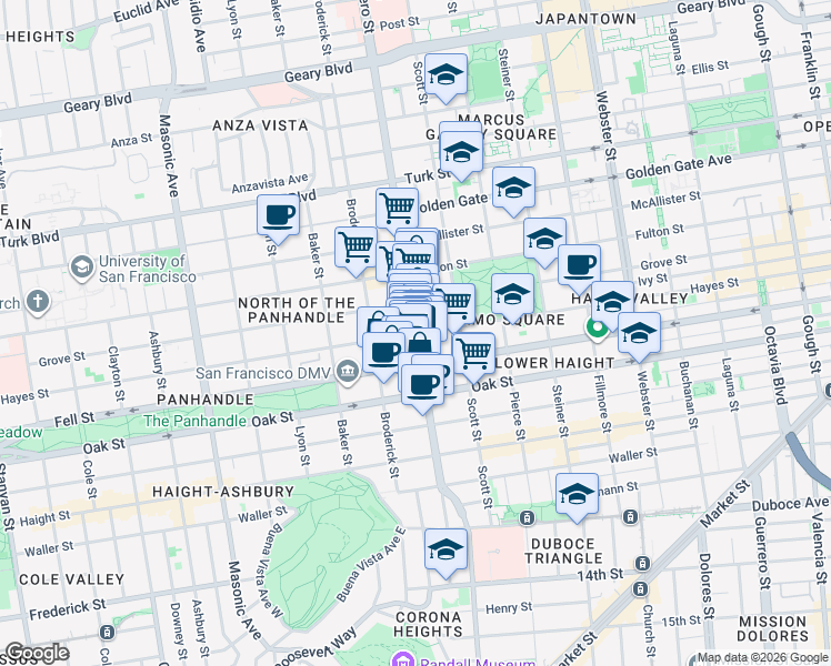 map of restaurants, bars, coffee shops, grocery stores, and more near Divisadero St & Hayes St in San Francisco