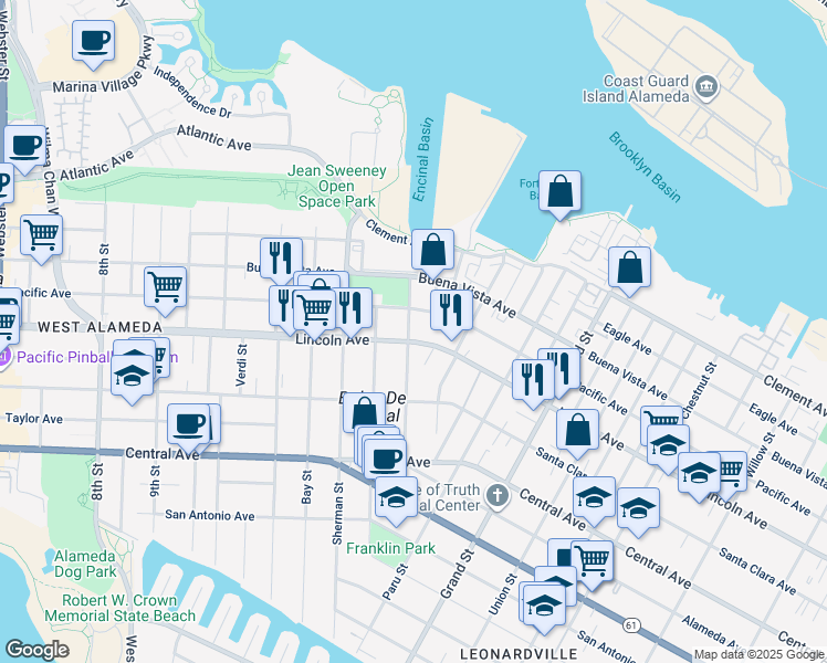 map of restaurants, bars, coffee shops, grocery stores, and more near 1606 Benton Street in Alameda
