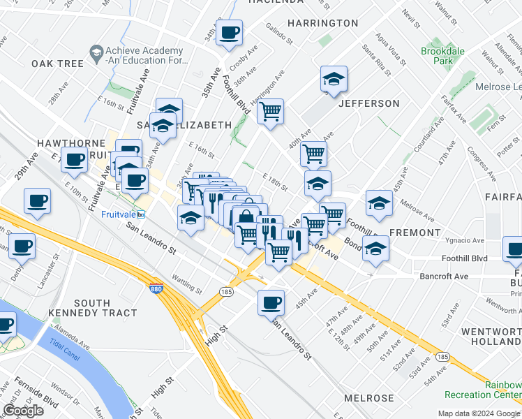 map of restaurants, bars, coffee shops, grocery stores, and more near 1530 40th Avenue in Oakland