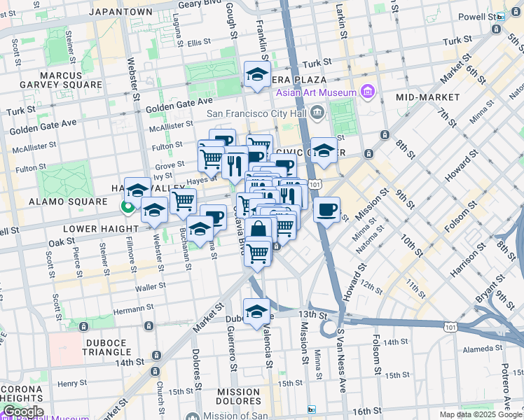 map of restaurants, bars, coffee shops, grocery stores, and more near 200 Oak Street in San Francisco