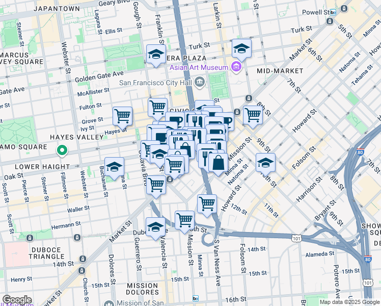 map of restaurants, bars, coffee shops, grocery stores, and more near in San Francisco