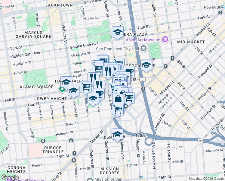 map of restaurants, bars, coffee shops, grocery stores, and more near 190 Lily Street in San Francisco