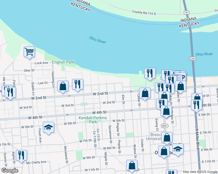map of restaurants, bars, coffee shops, grocery stores, and more near 925 W 2nd St in Owensboro