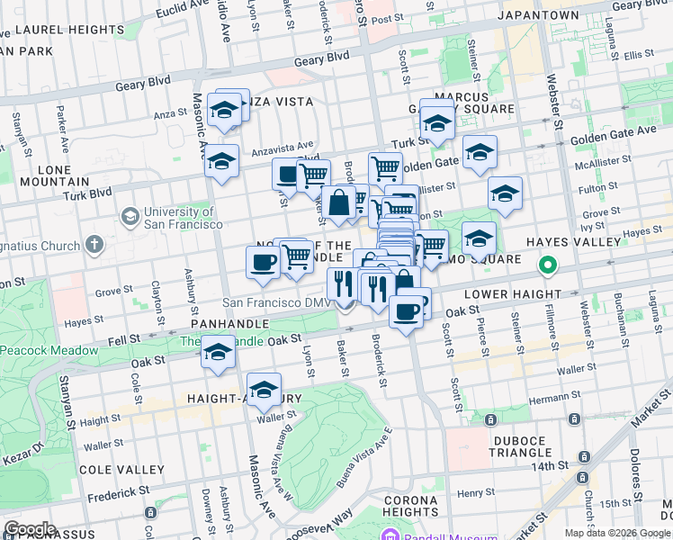 map of restaurants, bars, coffee shops, grocery stores, and more near 1469 Hayes Street in San Francisco