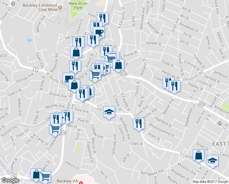 map of restaurants, bars, coffee shops, grocery stores, and more near 235 South Heber Street in Beckley