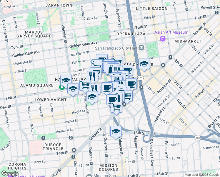 map of restaurants, bars, coffee shops, grocery stores, and more near 276 Oak Street in San Francisco