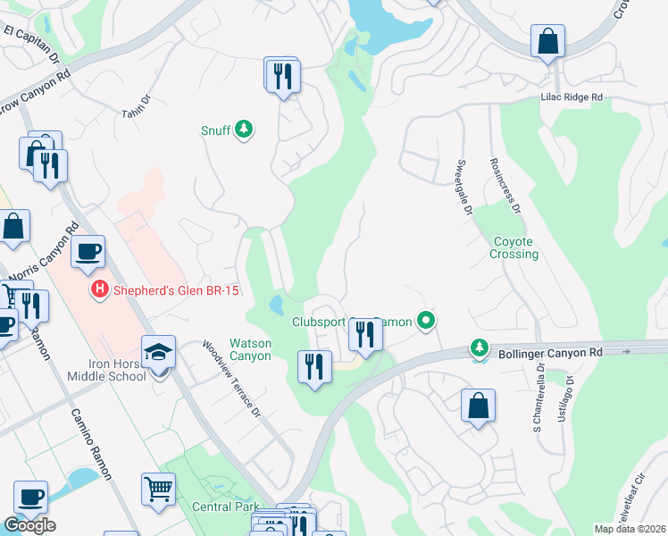 map of restaurants, bars, coffee shops, grocery stores, and more near 755 Watson Canyon Court in San Ramon