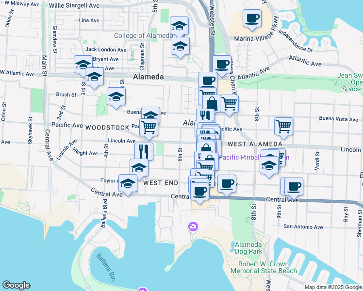 map of restaurants, bars, coffee shops, grocery stores, and more near 1542 6th Street in Alameda