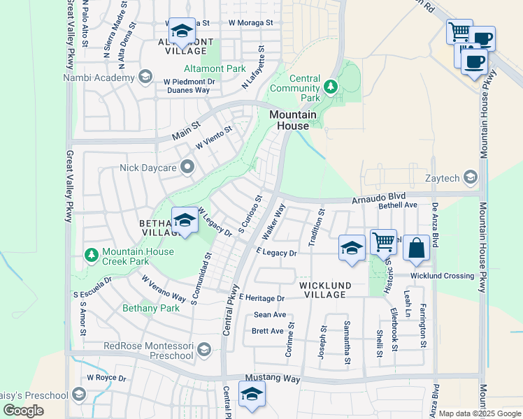 map of restaurants, bars, coffee shops, grocery stores, and more near 47 Atento Lane in Mountain House