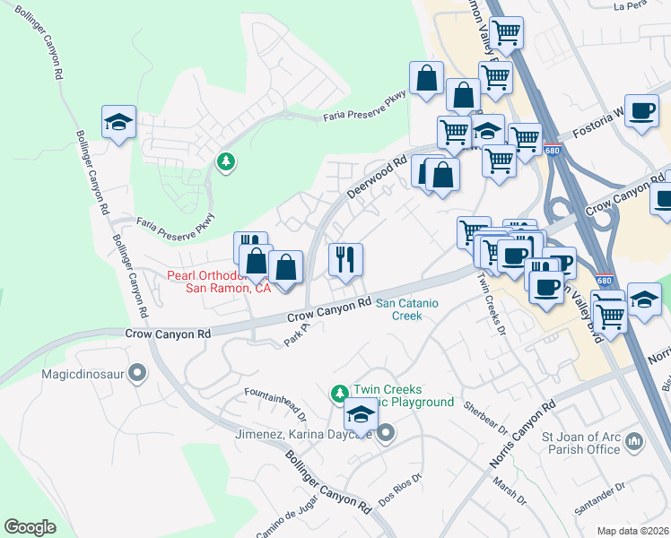 map of restaurants, bars, coffee shops, grocery stores, and more near 2666 Deerwood Drive in San Ramon
