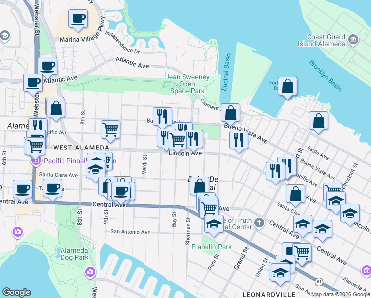 map of restaurants, bars, coffee shops, grocery stores, and more near 1217 Lincoln Avenue in Alameda