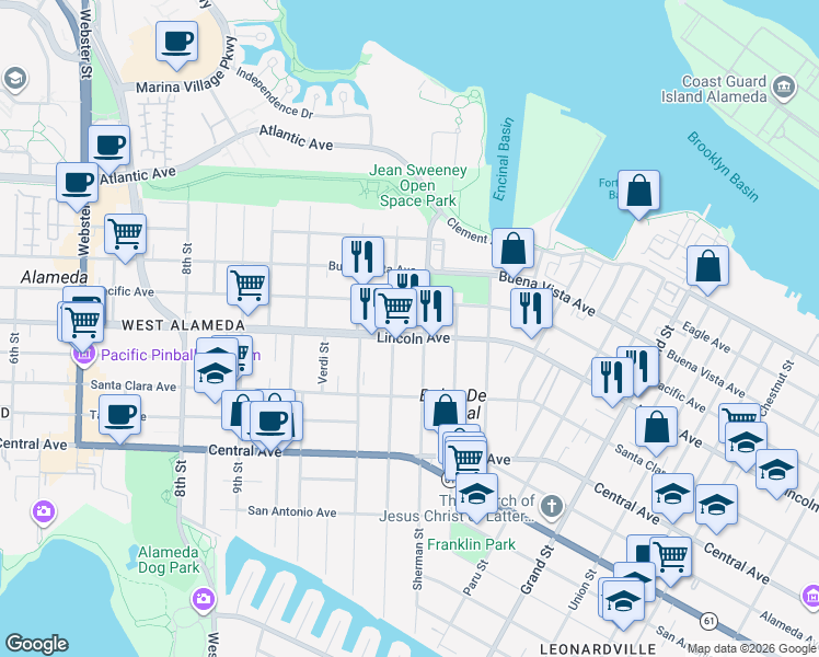 map of restaurants, bars, coffee shops, grocery stores, and more near 1557 Sherman Street in Alameda