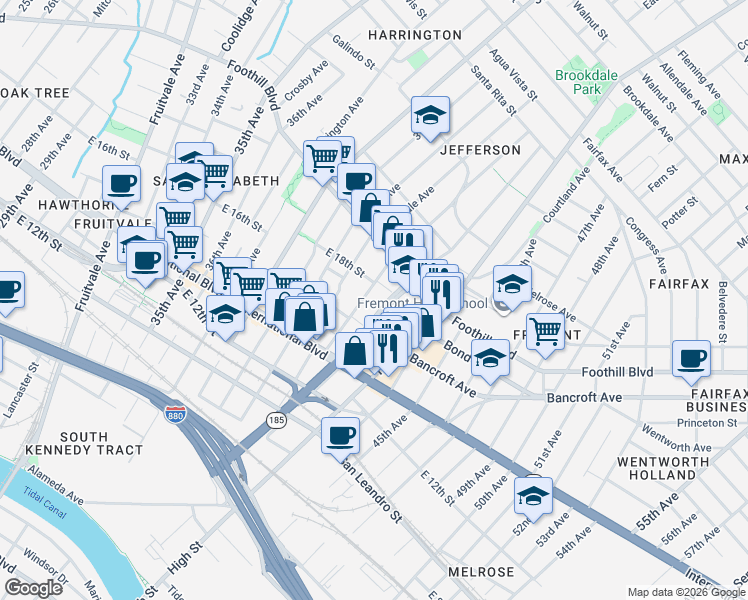 map of restaurants, bars, coffee shops, grocery stores, and more near 4114 East 17th Street in Oakland