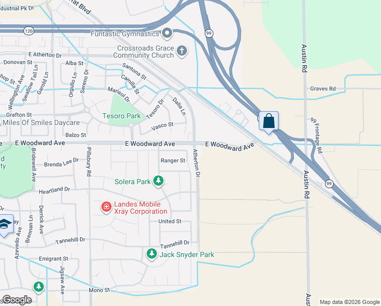 map of restaurants, bars, coffee shops, grocery stores, and more near 1654 Ranger Street in Manteca