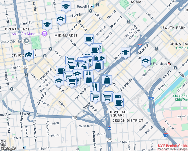 map of restaurants, bars, coffee shops, grocery stores, and more near 1140 Harrison Street in San Francisco