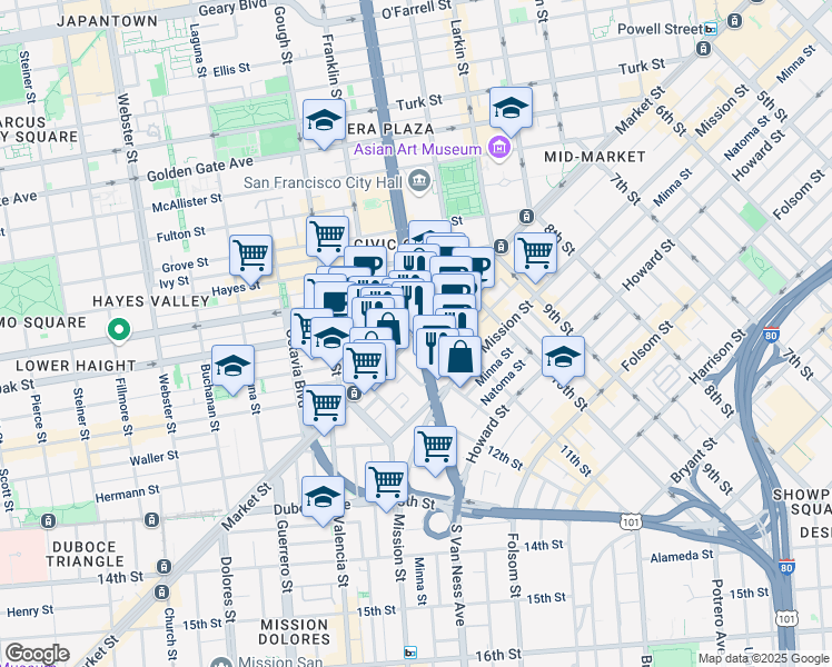 map of restaurants, bars, coffee shops, grocery stores, and more near in San Francisco