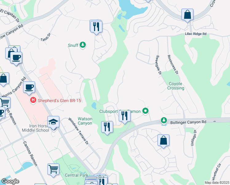 map of restaurants, bars, coffee shops, grocery stores, and more near 705 Watson Canyon Court in San Ramon