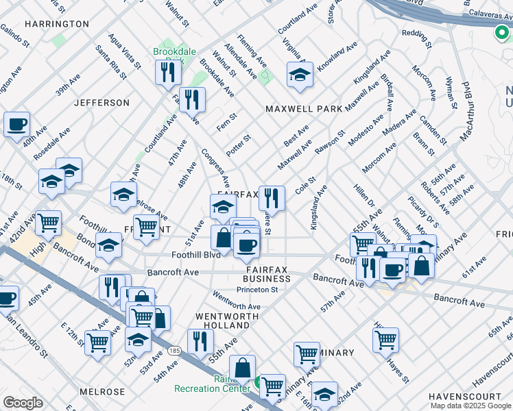 map of restaurants, bars, coffee shops, grocery stores, and more near 5140 Fairfax Avenue in Oakland