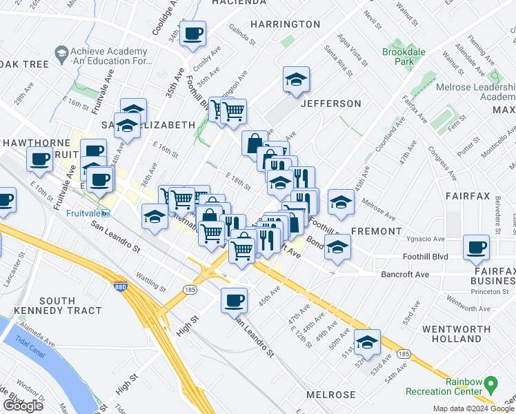 map of restaurants, bars, coffee shops, grocery stores, and more near 4207 East 17th Street in Oakland