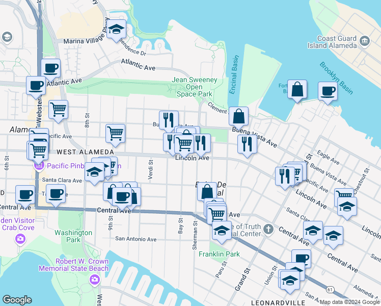 map of restaurants, bars, coffee shops, grocery stores, and more near 1557 Sherman Street in Alameda