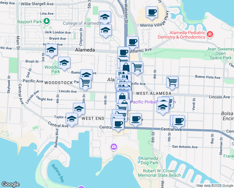 map of restaurants, bars, coffee shops, grocery stores, and more near 613 Haight Avenue in Alameda
