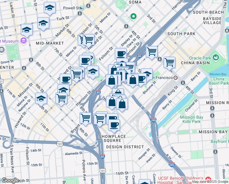 map of restaurants, bars, coffee shops, grocery stores, and more near 40 Boardman Place in San Francisco