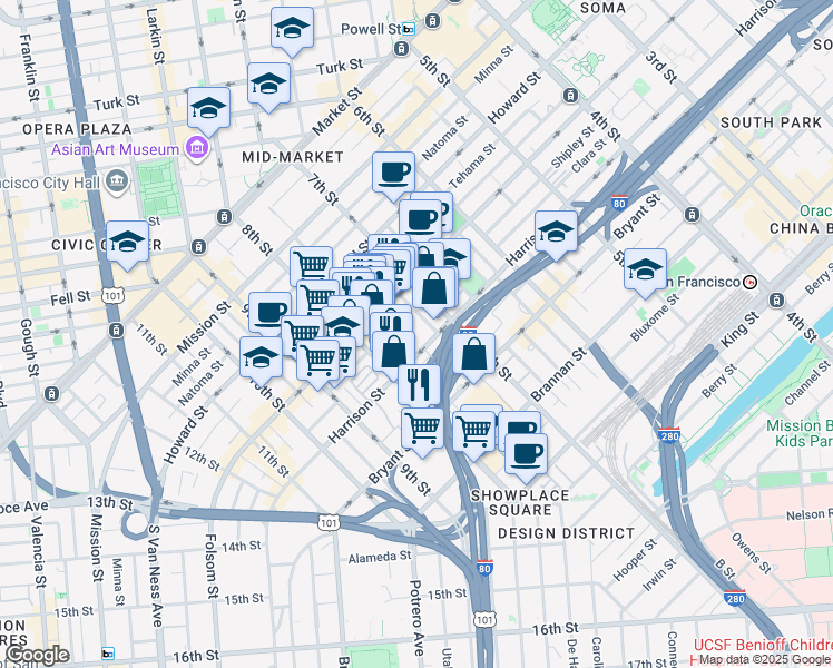 map of restaurants, bars, coffee shops, grocery stores, and more near in San Francisco