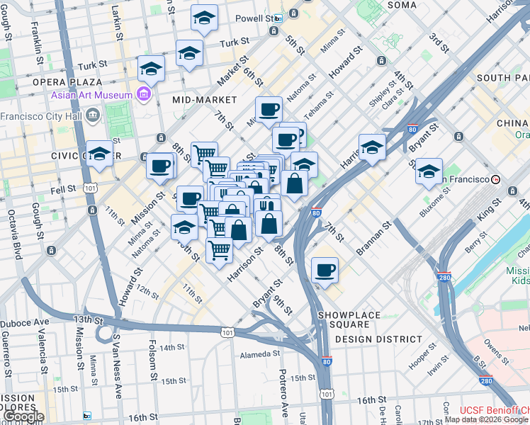 map of restaurants, bars, coffee shops, grocery stores, and more near 1210 Harrison Street in San Francisco
