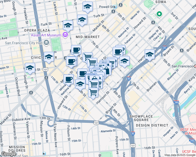 map of restaurants, bars, coffee shops, grocery stores, and more near in San Francisco