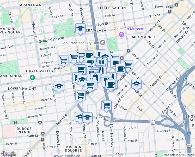 map of restaurants, bars, coffee shops, grocery stores, and more near in San Francisco