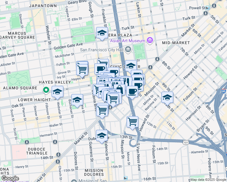 map of restaurants, bars, coffee shops, grocery stores, and more near in San Francisco