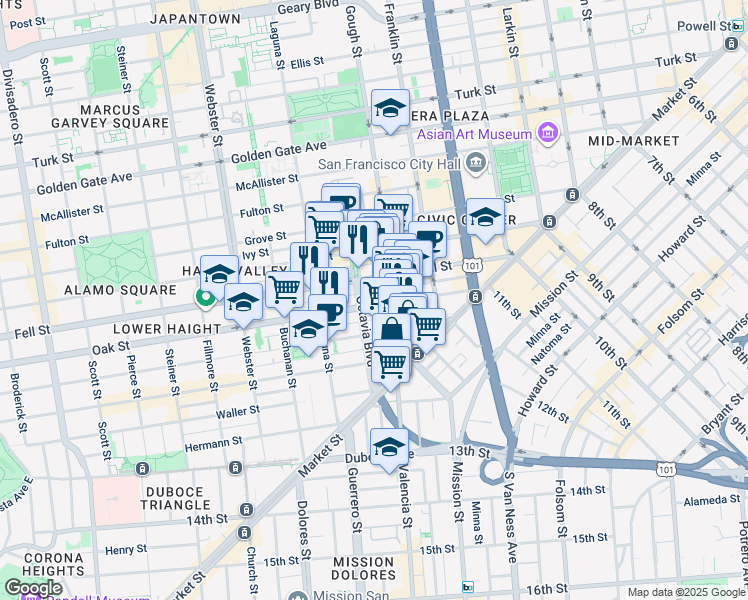 map of restaurants, bars, coffee shops, grocery stores, and more near 190 Lily Street in San Francisco