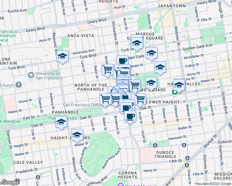 map of restaurants, bars, coffee shops, grocery stores, and more near 1369 Hayes Street in San Francisco